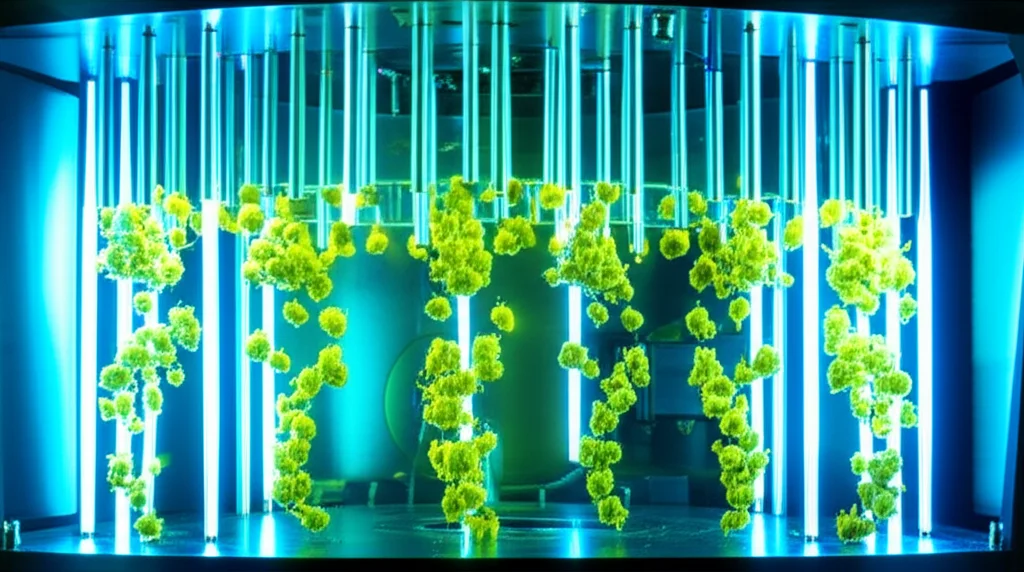 Immagine fotorealistica di un separatore elettrostatico di tricomi di cannabis Plasmastatic in un ambiente di laboratorio pulito e moderno, con un flusso visibile di particelle separate (gialle e verdi) che cadono tra elettrodi luminosi verticali, lente 35mm, profondità di campo per focalizzare sulla macchina, illuminazione high-tech bluastra.