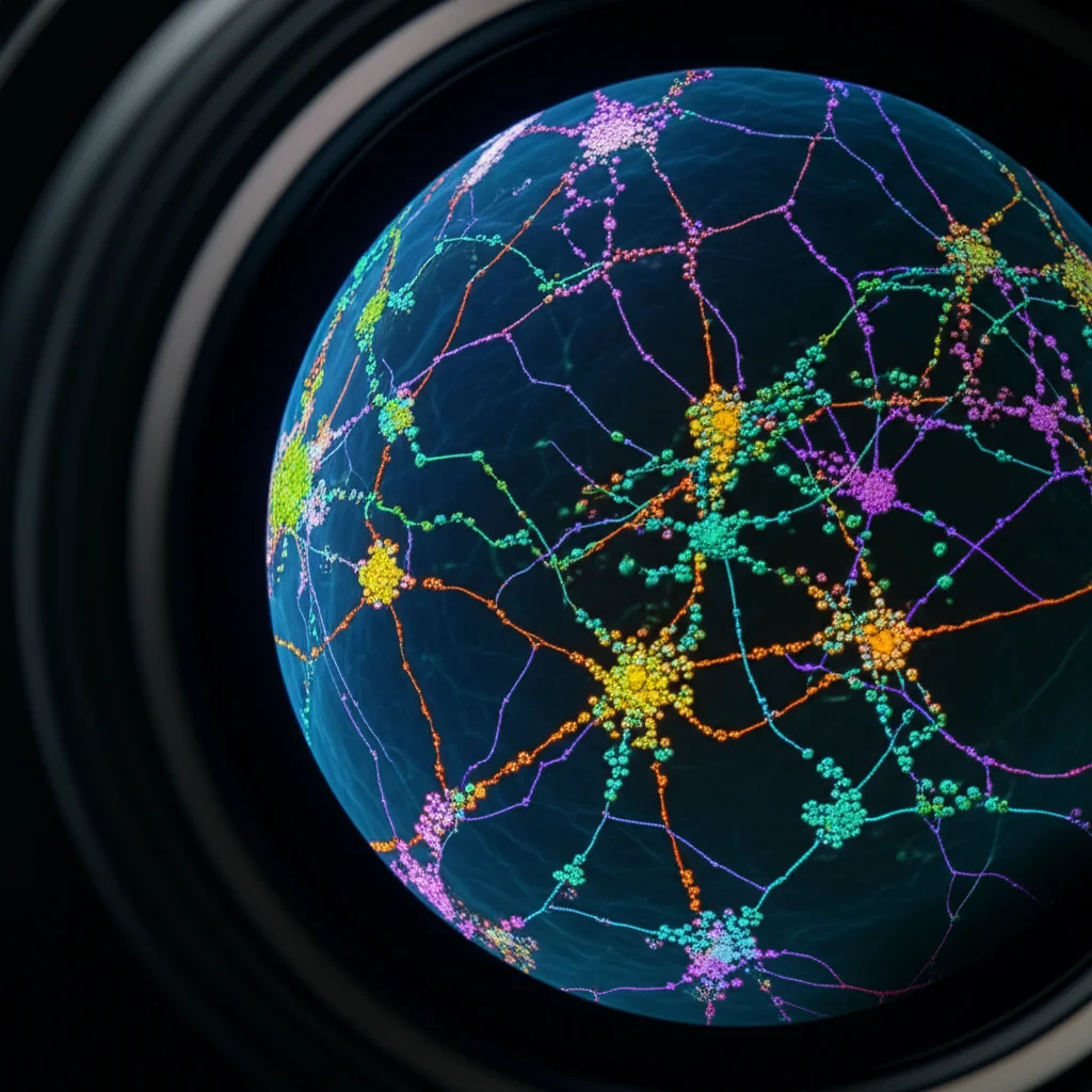 Macro lens, 100mm, High detail, precise focusing, controlled lighting, Abstract representation of biological data analysis for Ulcerative Colitis, showing gene pathways and machine learning concepts.