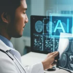 Portrait of a radiologist reviewing medical images, with a subtle overlay representing AI analysis, 35mm portrait, depth of field.