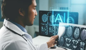 Portrait of a radiologist reviewing medical images, with a subtle overlay representing AI analysis, 35mm portrait, depth of field.