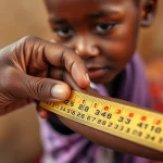 Primo piano delicato della mano di un operatore sanitario che misura la circonferenza del braccio (MUAC) di un bambino piccolo etiope in un contesto clinico semplice in Etiopia, segno della valutazione dello stato nutrizionale. Obiettivo macro 85mm, messa a fuoco precisa sulla mano, sul nastro di misurazione e sul braccio del bambino, sfondo leggermente sfocato per isolare il soggetto. Illuminazione controllata e morbida. Colori caldi e realistici per trasmettere cura e attenzione.