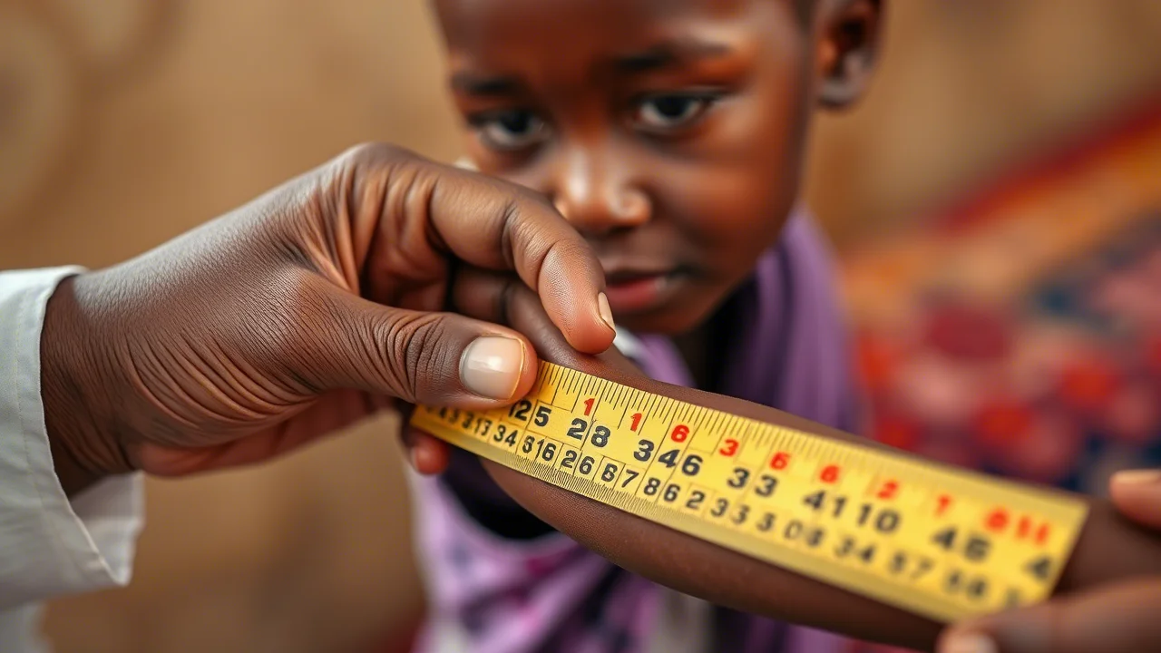 Primo piano delicato della mano di un operatore sanitario che misura la circonferenza del braccio (MUAC) di un bambino piccolo etiope in un contesto clinico semplice in Etiopia, segno della valutazione dello stato nutrizionale. Obiettivo macro 85mm, messa a fuoco precisa sulla mano, sul nastro di misurazione e sul braccio del bambino, sfondo leggermente sfocato per isolare il soggetto. Illuminazione controllata e morbida. Colori caldi e realistici per trasmettere cura e attenzione.