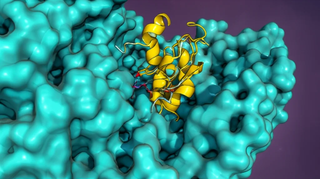 Rendering 3D fotorealistico ad alta definizione dell'enzima Plasmodium falciparum Dihydroorotate Dehydrogenase (PfDHODH) con un potenziale farmaco inibitore (derivato benzotiazinico) legato nel sito attivo. Sfondo astratto che richiama la ricerca computazionale e la lotta alla malaria, obiettivo prime 50mm, profondità di campo.