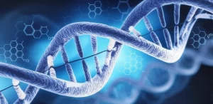 Ricerca sul cancro al seno, visualizzazione concettuale di una doppia elica di DNA intrecciata con molecole di lncRNA e simboli stilizzati del sistema immunitario e della coagulazione sanguigna. Obiettivo prime 35mm, profondità di campo, duotone blu e viola per un look scientifico moderno.