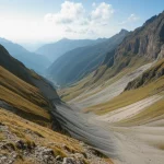 Wide-angle landscape, 10mm lens, sharp focus, showing a steep, mountainous valley in Italy with subtle visual cues indicating potential landslide areas, perhaps overlaid with a faint hazard map.