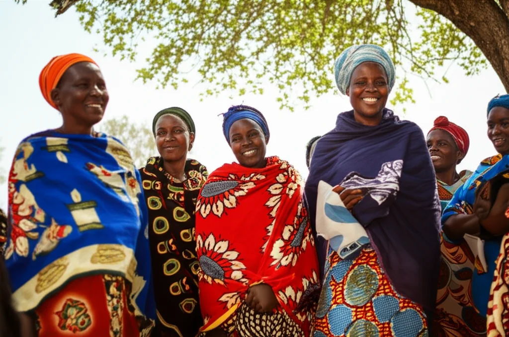 Fotografia realistica di un gruppo eterogeneo di donne africane in un contesto comunitario rurale, alcune sorridenti, altre pensierose, che partecipano a un incontro informativo sulla salute. Obiettivo prime 35mm, luce naturale morbida filtrata da un albero, profondità di campo media per includere il contesto, colori caldi e terrosi.