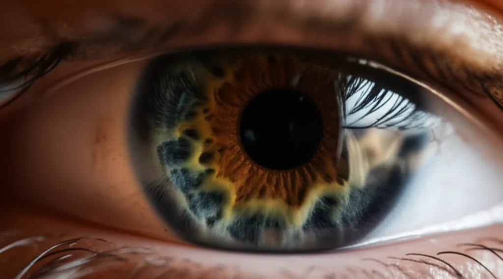 Fotografia di ritratto ravvicinata, lente primaria da 50 mm, profondità di campo superficiale, che mostra la cornea chiara della chirurgia post-DMEK di un paziente, riflettendo la luce, simboleggia il successo del recupero visivo.