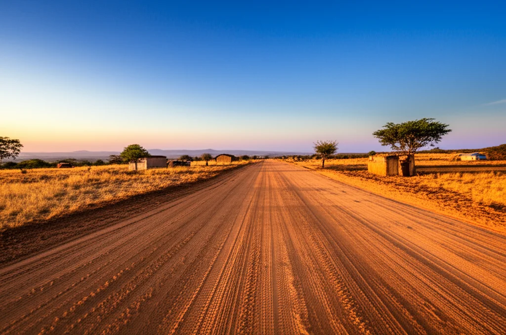 Scatto grandangolare di un paesaggio rurale dell'Africa subsahariana all'alba, con una strada sterrata che si perde all'orizzonte e piccole abitazioni sparse. Obiettivo grandangolare 18mm, lunga esposizione per catturare i colori del cielo, messa a fuoco nitida su tutto il paesaggio, atmosfera di quiete e vastità.
