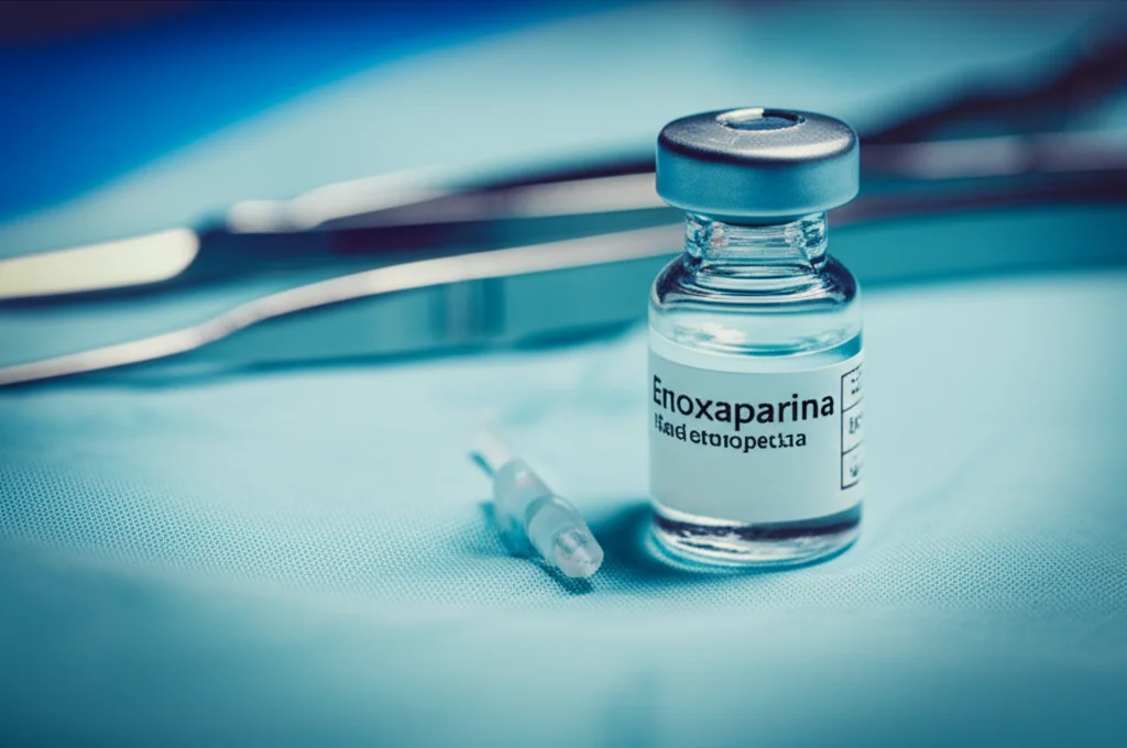 Still Life, lenti macro 100mm, messa a fuoco precisa, che mostra una piccola fiala o una siringa di enoxaparina accanto a strumenti chirurgici utilizzati in DMEK su sfondo blu sterile, illuminazione controllata.