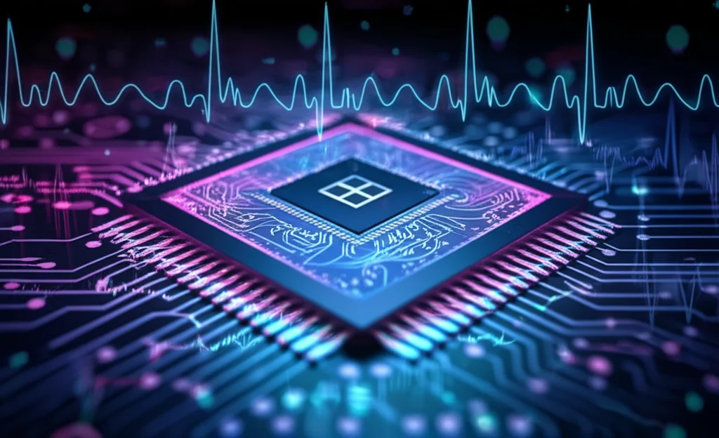 Primo piano di un chip quantistico futuristico con circuiti luminosi blu e viola che si intrecciano con flussi di dati medici digitali astratti (come ECG o sequenze di DNA) su uno sfondo scuro, obiettivo macro 100mm, alta definizione, illuminazione controllata.