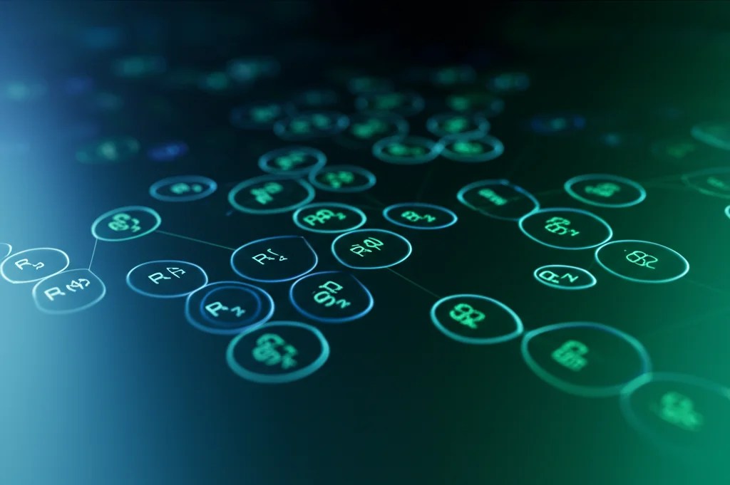 Rappresentazione astratta di un complesso cluster di geni biosintetici (BGC) visualizzato su uno schermo del computer, linee luminose che collegano diversi simboli genici (clan R1 e R2 evidenziati), sfondo scuro, profondità di campo superficiale, lenti prime da 24 mm, duotoni blu e verdi.