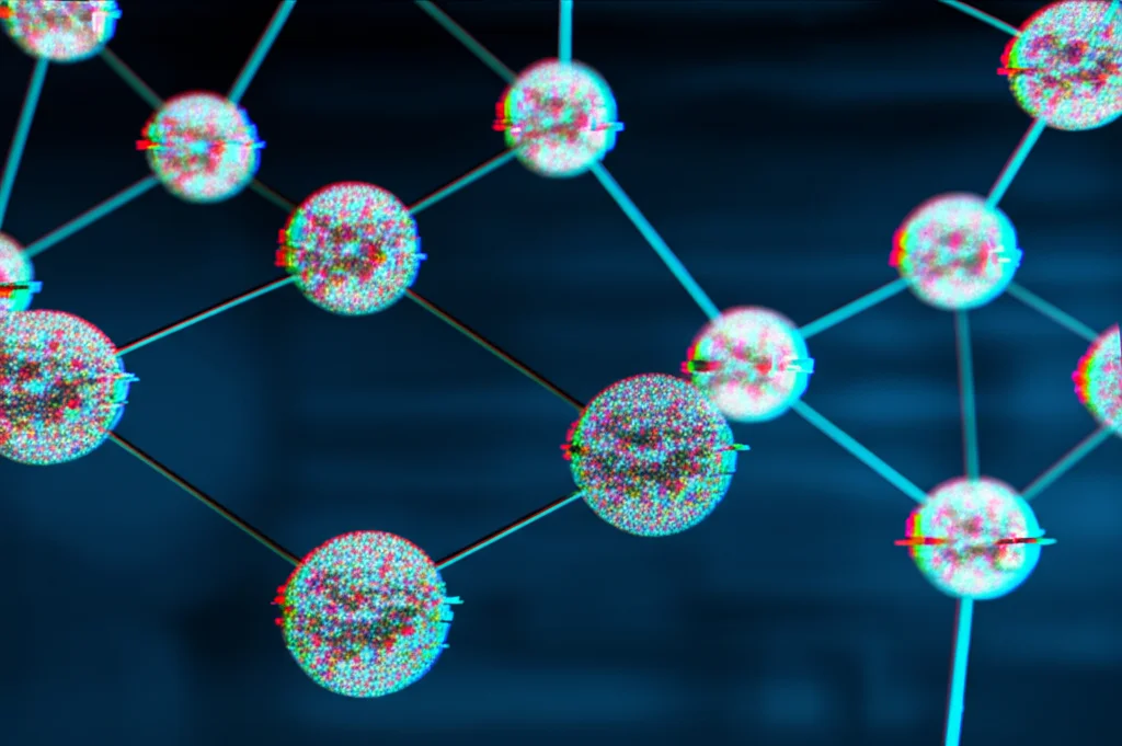 Visualizzazione astratta di qubit rappresentati come sfere luminose interconnesse, alcune delle quali mostrano 'glitch' o instabilità per simboleggiare il rumore quantistico, su uno sfondo tecnologico scuro, obiettivo macro 60mm, messa a fuoco precisa, alta definizione.