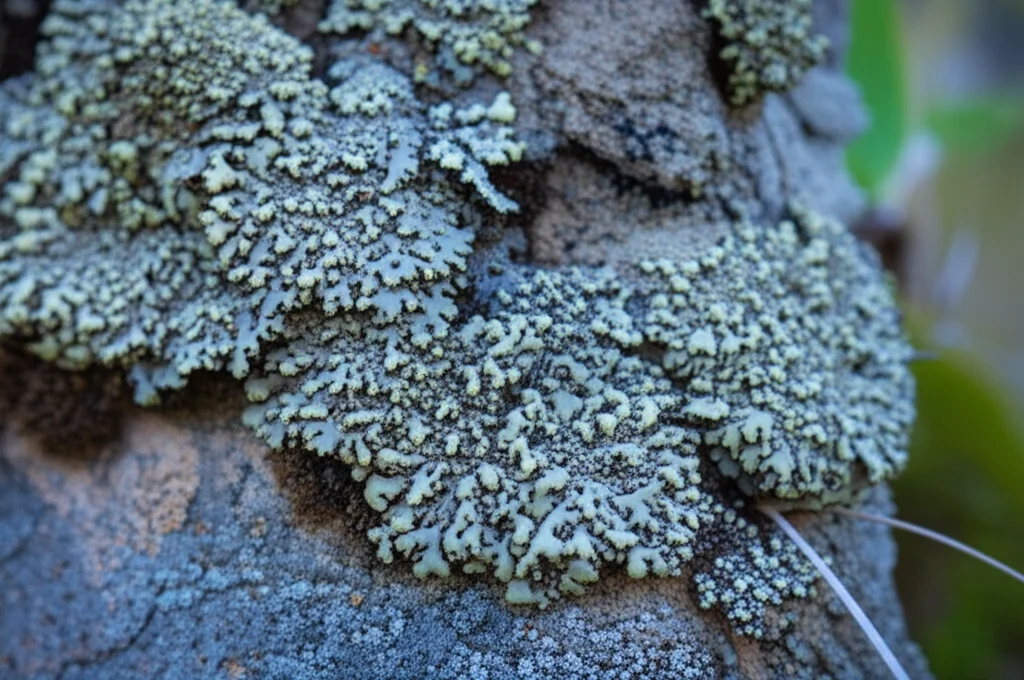 Fotografia paesaggistica grandangolare di diversi licheni (foriose, crustosio, fruticosio) che coprono rocce e alberi in un ambiente di montagna incontaminato, lenti larghi da 15 mm, focus acuto in tutta la scena, una lunga esposizione a nuvole distanziali leggermente blu, che mostrano biodiversità e potenziale scoperta.