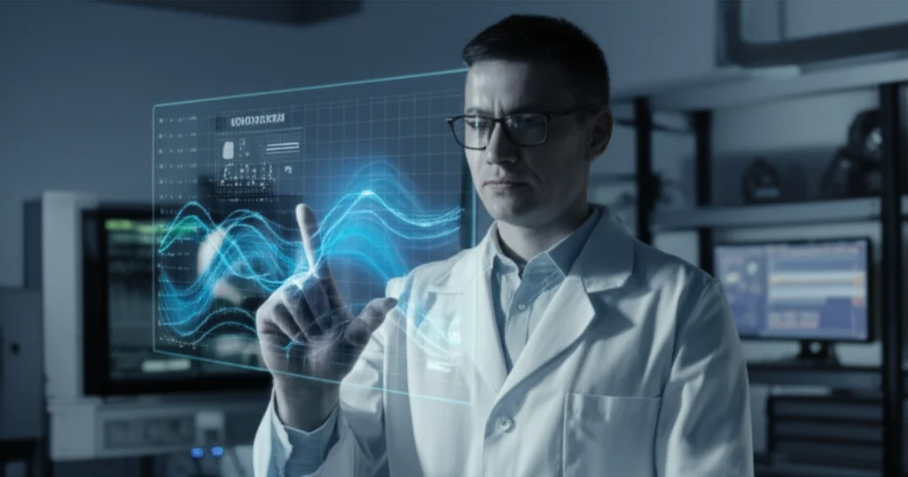 Un ricercatore in un ambiente di laboratorio high-tech osserva uno schermo olografico che mostra grafici comparativi di performance tra algoritmi quantistici (linee ondulate luminose) e classici (linee solide), obiettivo prime 35mm, profondità di campo, toni freddi blu e grigio duotone.