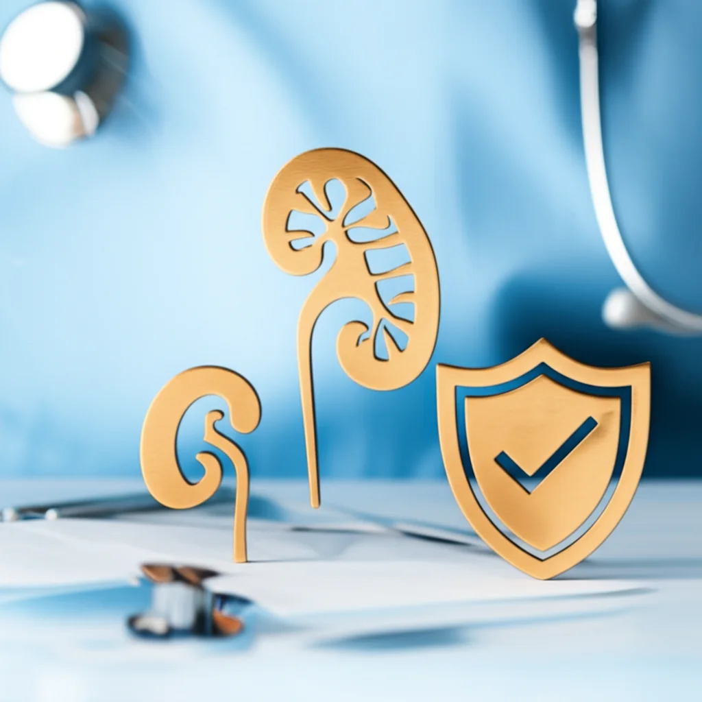 Fotografia still life, obiettivo macro 60mm, di tre simboli dorati (un segno di spunta per 'margini negativi', un rene stilizzato per 'funzione preservata', uno scudo per 'assenza di complicanze') disposti a triangolo su uno sfondo medico pulito, a rappresentare il concetto di 'Trifecta' nella chirurgia renale. Alta definizione, illuminazione controllata.