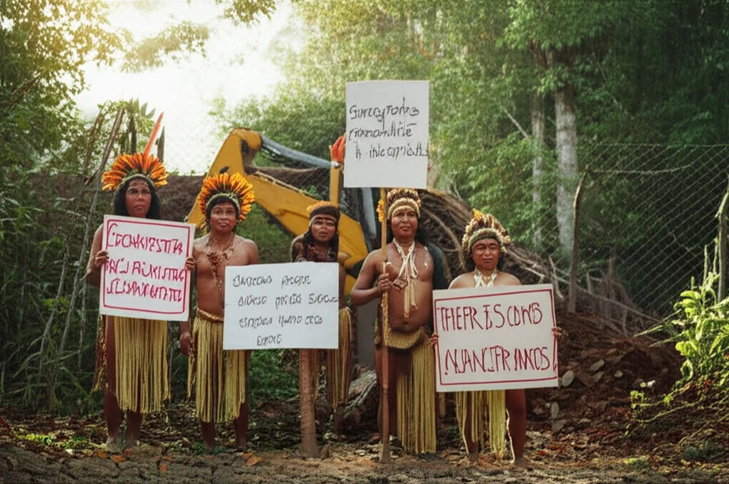 Fotografia di reportage, obiettivo 35mm, profondità di campo ridotta, che mostra un gruppo di manifestanti indigeni con cartelli di protesta davanti a un cantiere industriale (es. recinzione di una miniera) in una foresta pluviale, luce tesa del tardo pomeriggio, espressioni determinate.
