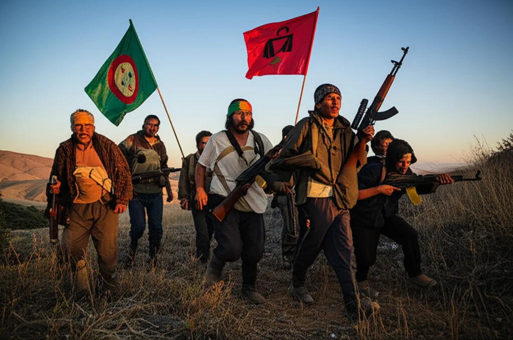 Scatto d'azione, teleobiettivo 200mm, velocità dell'otturatore elevata, che cattura un gruppo misto di ribelli armati e membri di una comunità indigena in una zona rurale remota e montuosa, espressioni determinate, bandiere o simboli indigeni visibili, luce drammatica dell'alba.