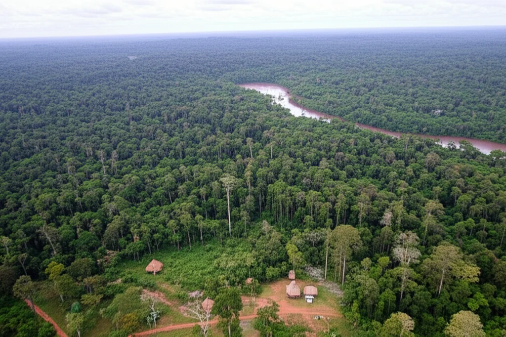 Fotografia aerea, obiettivo grandangolare 20mm, messa a fuoco nitida, che mostra una vasta area di foresta pluviale parzialmente disboscata per un progetto infrastrutturale (es. strada o oleodotto), adiacente a un fiume e a un piccolo insediamento indigeno con capanne tradizionali, contrasto netto tra sviluppo e natura.