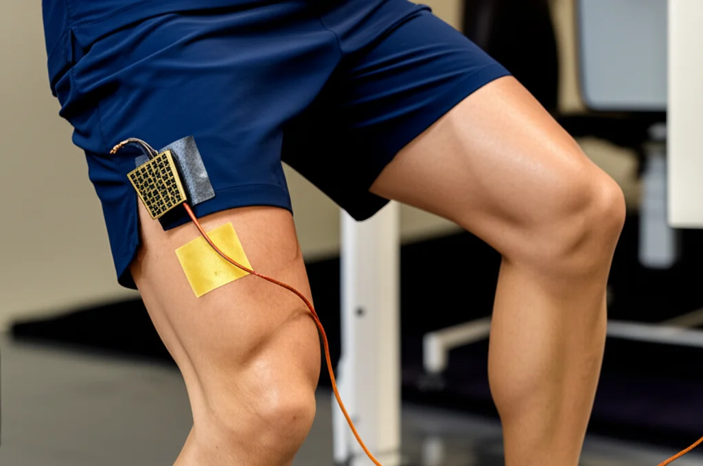 Fotografia sportiva di un atleta che esegue una flessione del ginocchio in un laboratorio di biomeccanica, con il sensore indossabile BNNT/PDMS visibile sul lato della coscia. Teleobiettivo zoom 150mm, alta velocità dell'otturatore per congelare il movimento, tracciamento del movimento attivo, illuminazione da studio focalizzata sull'atleta.