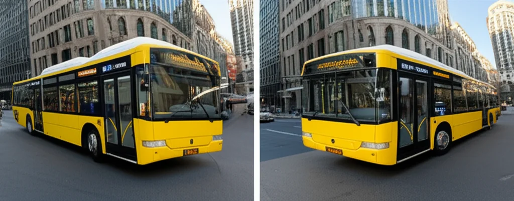 Immagine fotorealistica che confronta due rendering di una scena urbana con un autobus giallo. A sinistra, l'autobus è distorto da una proiezione grandangolare globale. A destra, l'autobus è reso con una prospettiva lineare locale e appare corretto. Obiettivo 35mm, alta definizione, illuminazione controllata.