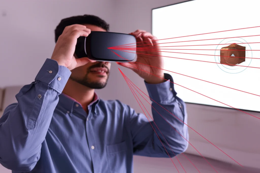 Illustrazione fotorealistica del concetto di cecità al cambiamento in VR. Un utente con visore VR fissa il centro di un'immagine, mentre un oggetto in un angolo cambia forma durante un movimento oculare simulato. Tracciamento oculare visibile come linee sottili. Illuminazione ambientale realistica.