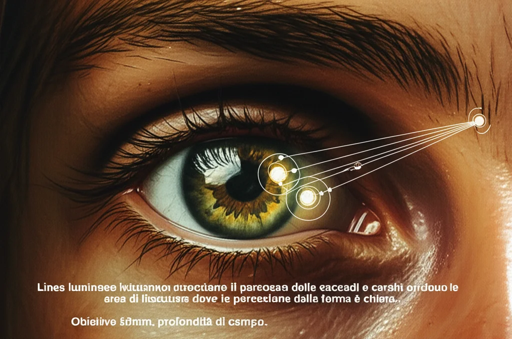Immagine concettuale fotorealistica che mostra un occhio che scansiona diverse parti di un dipinto complesso. Linee luminose indicano il percorso delle saccadi e cerchi evidenziano le aree di fissazione dove la percezione della forma è chiara. Obiettivo 50mm, profondità di campo.
