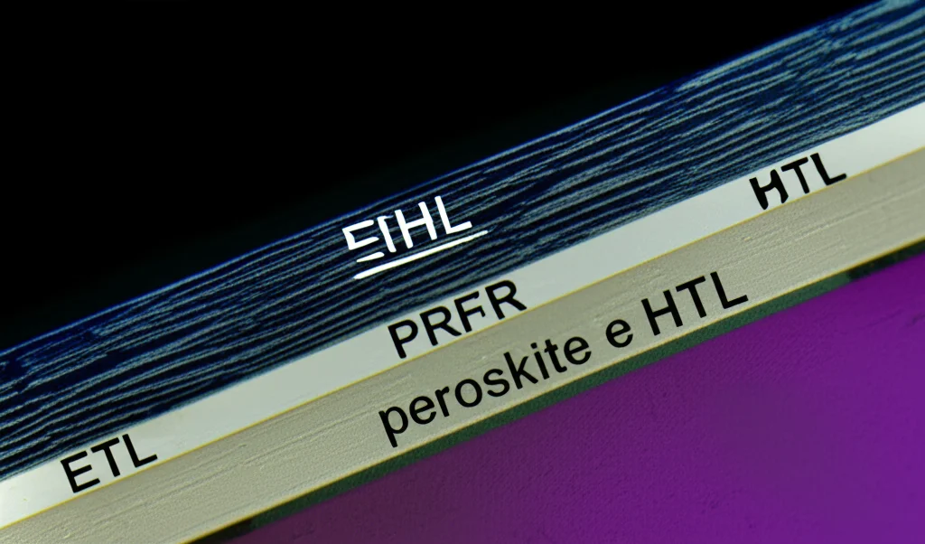 Primo piano macro, lente 85mm, di una sezione trasversale di una cella solare a perovskite, mostrando distintamente gli strati ETL, perovskite e HTL. Illuminazione controllata che enfatizza le interfacce tra gli strati. High detail, precise focusing.