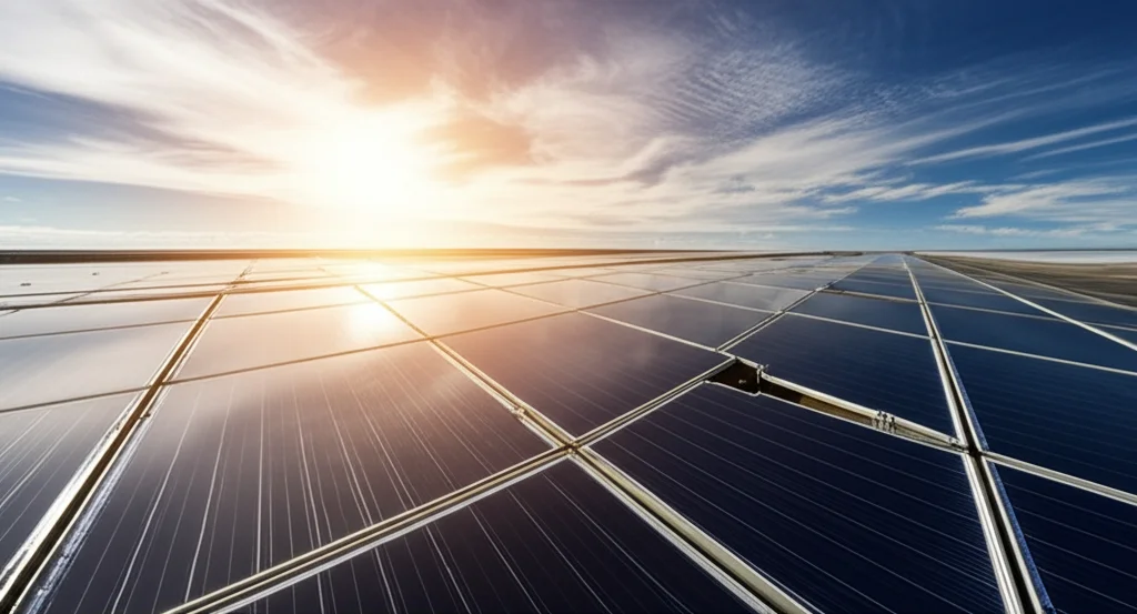 Paesaggio fotorealistico, lente grandangolare 15mm, che mostra un futuristico parco solare con pannelli a perovskite altamente efficienti che brillano sotto un sole splendente. Nuvole lisce, effetto di lunga esposizione che suggerisce il flusso di energia. Messa a fuoco nitida sui pannelli.