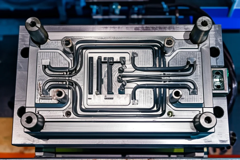 Primo piano di uno stampo per iniezione di precisione in metallo lucido, con un sistema di tubi per il riscaldamento e il raffreddamento rapido visibile. Luce controllata, obiettivo macro 80mm, alta definizione per mostrare i dettagli dello stampo.