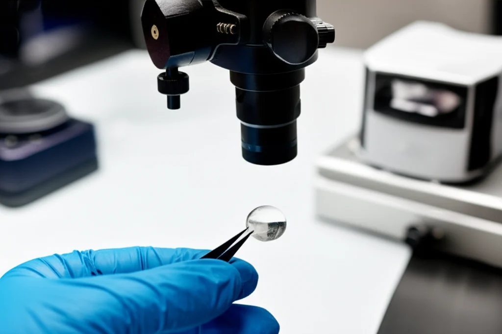 Lente ottica asferica in plastica trasparente appena stampata, tenuta delicatamente con pinzette in un ambiente di laboratorio pulito. Un profilometro di precisione è visibile sullo sfondo. Obiettivo macro 100mm, messa a fuoco precisa sulla superficie della lente, illuminazione da laboratorio.