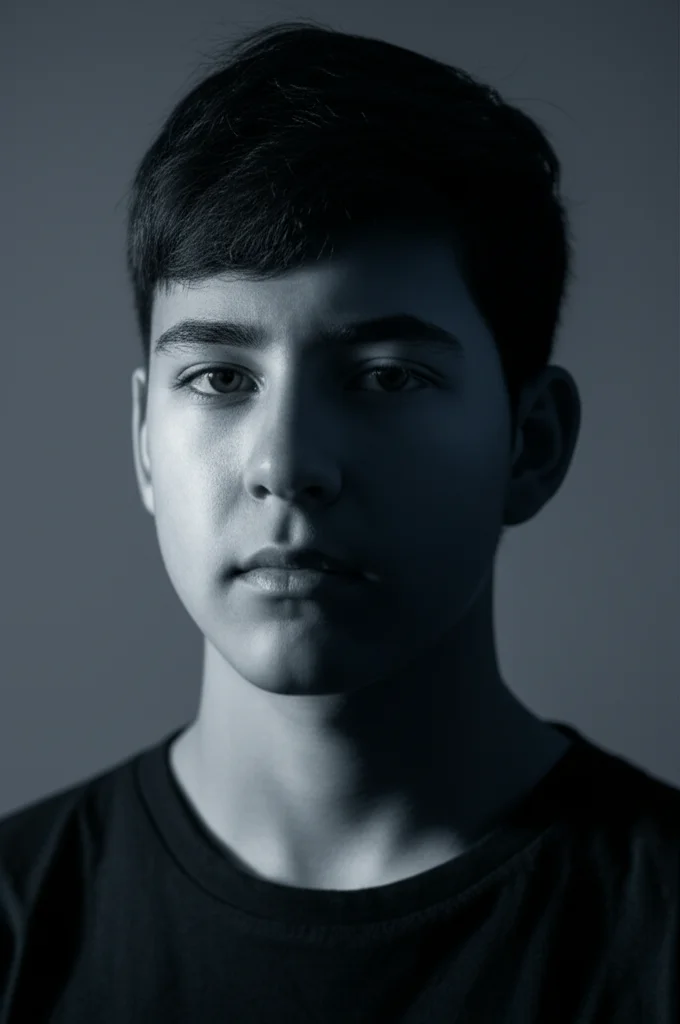 Ritratto fotografico di un adolescente pensieroso, luce soffusa che illumina metà del volto, l'altra metà in ombra per simboleggiare i bias cognitivi, obiettivo 35mm, profondità di campo ridotta, toni duo blu e grigio.