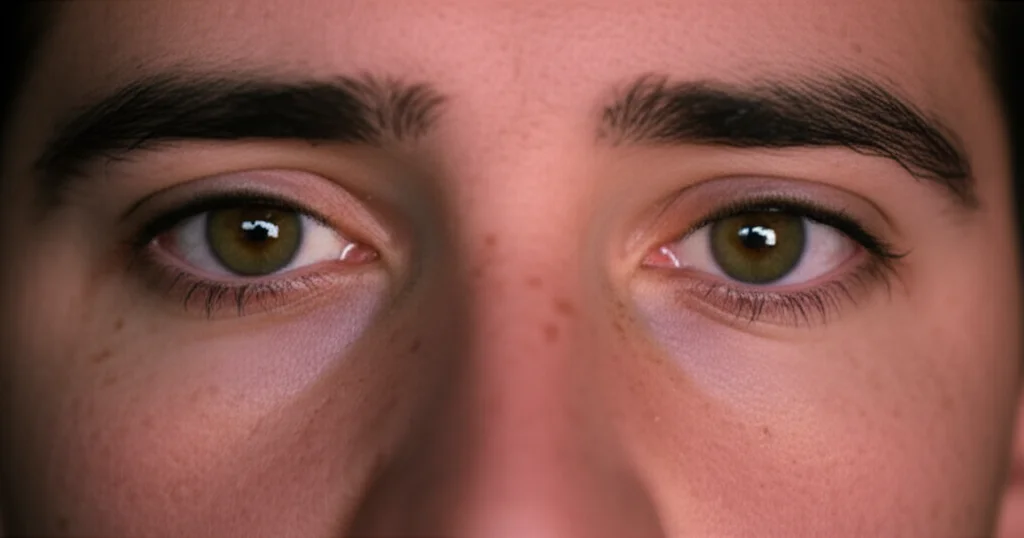 Primo piano macro del volto di un giovane che mostra una sottile espressione di preoccupazione, focus sugli occhi, illuminazione controllata per enfatizzare l'emozione interna, obiettivo macro 85mm, alta definizione.