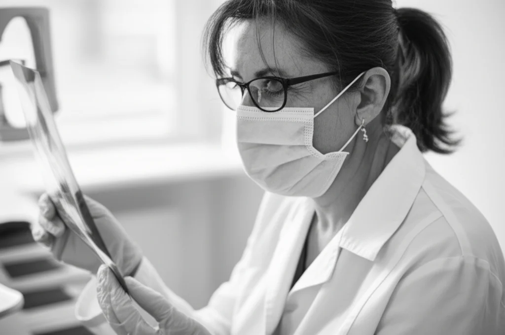 Ritratto di una dentista donna di circa 40 anni, concentrata mentre esamina una radiografia dentale, indossa camice bianco e occhiali protettivi, luce ambientale soffusa dello studio, profondità di campo ridotta, lente 35mm, bianco e nero cinematografico.