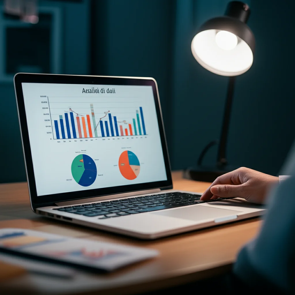 Analisi di dati su un computer portatile, schermo che mostra grafici a barre e linee complesse rappresentanti statistiche sulla popolazione carceraria femminile, luce da ufficio controllata, obiettivo macro 85mm, alta definizione, focus selettivo sui dati.