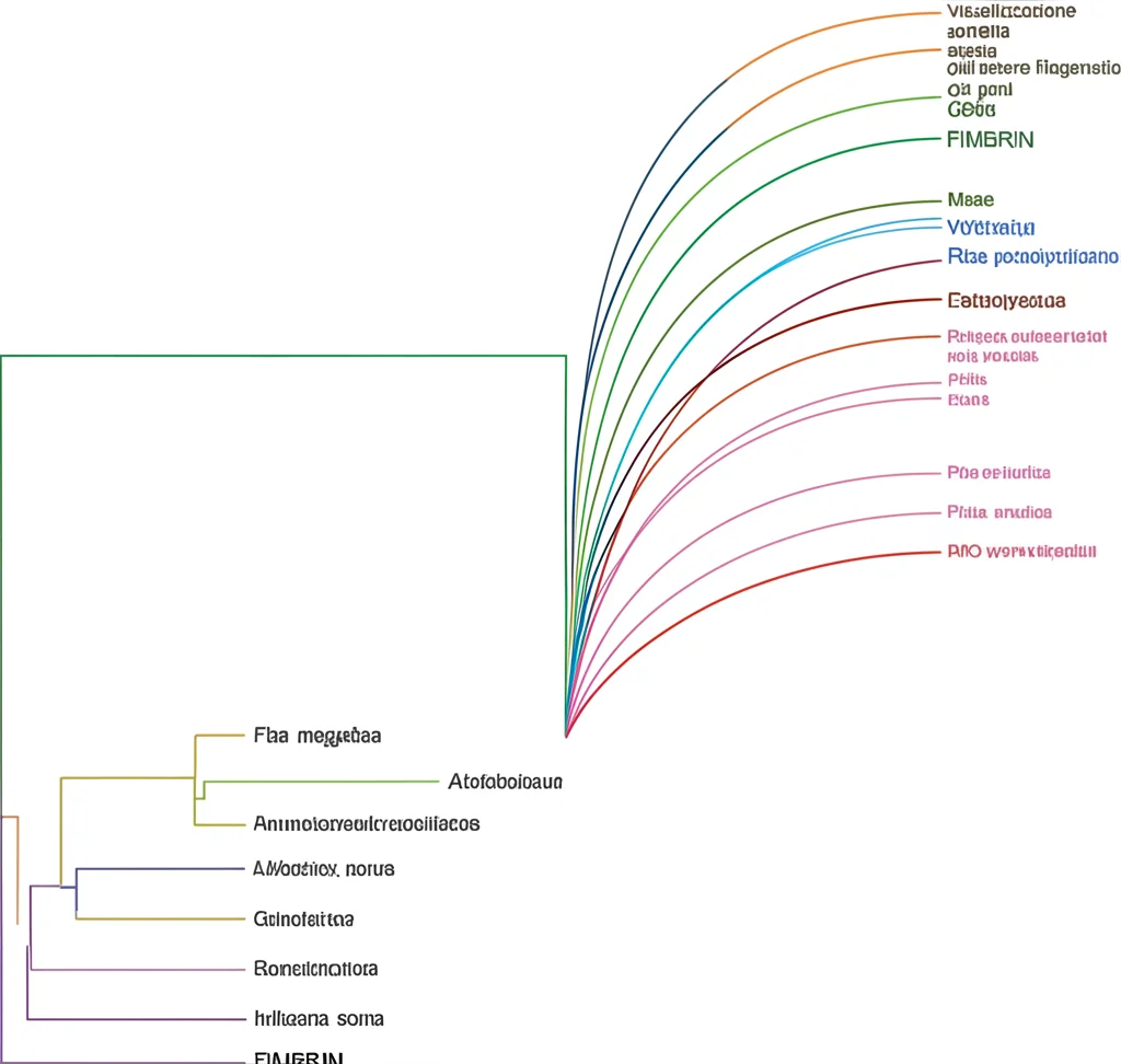 Visualizzazione astratta dell'albero filogenetico dei geni FIMBRIN da diverse specie vegetali (erba medica, Arabidopsis, soia, riso, mais), con rami colorati che indicano le relazioni evolutive, stile infografica scientifica, sfondo pulito, alta risoluzione.