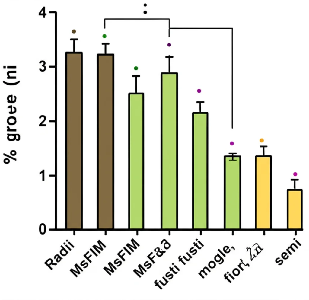 Grafico a barre colorato che mostra i livelli di espressione relativa dei sei geni MsFIM in diversi tessuti dell'erba medica (radici, fusti, foglie, fiori, semi), visualizzazione dati scientifica, sfondo bianco.