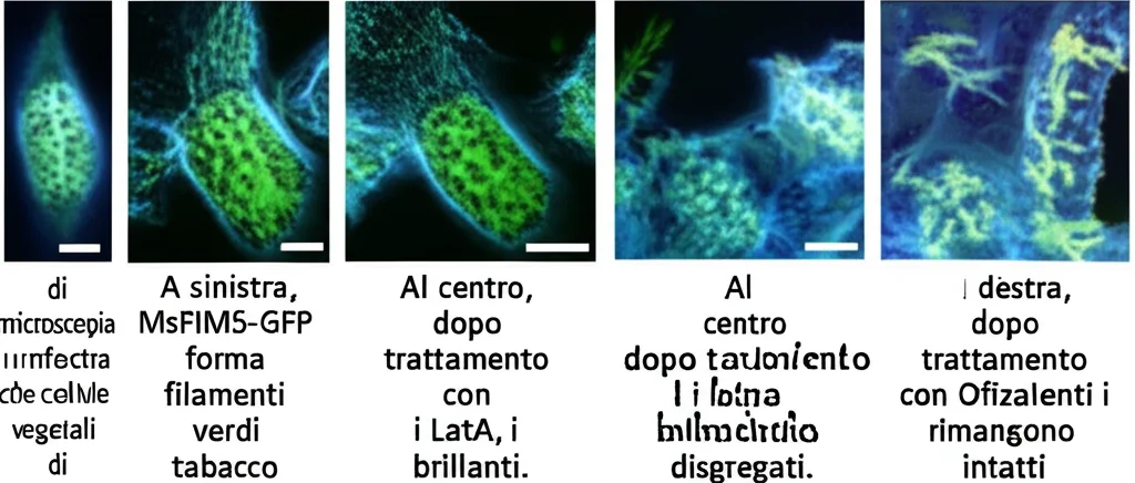 Immagine di microscopia confocale che mostra cellule vegetali di tabacco. A sinistra, MsFIM5-GFP forma filamenti verdi brillanti. Al centro, dopo trattamento con LatA, i filamenti sono disgregati. A destra, dopo trattamento con Orizalina, i filamenti rimangono intatti. Immagine scientifica comparativa, alta risoluzione, sfondo nero.