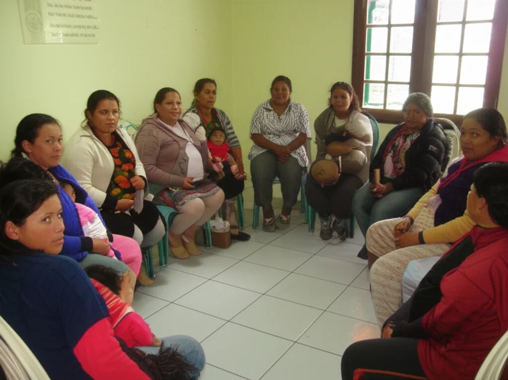 Un gruppo diversificato di donne incinte partecipa attivamente a una sessione di educazione prenatale in un centro sanitario a Quito. L'istruttrice indica un grafico sui benefici dell'allattamento. Ambiente accogliente e informativo. Obiettivo zoom 24-70mm a circa 50mm, luce morbida e diffusa.