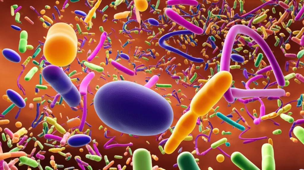 Visualizzazione astratta del microbiota intestinale, con diverse forme e colori di batteri fluttuanti in un ambiente simile all'intestino. Lente macro 100mm, alta definizione, illuminazione controllata per enfatizzare la diversità microbica.