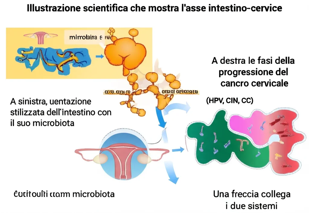 Illustrazione scientifica che mostra l'asse intestino-cervice. A sinistra, una rappresentazione stilizzata dell'intestino con il suo microbiota. A destra, le fasi della progressione del cancro cervicale (HPV, CIN, CC). Una freccia collega i due sistemi. Grafica pulita, colori medici (blu, verde acqua).