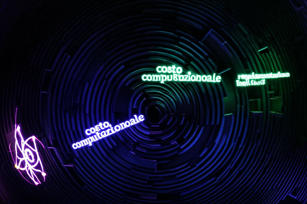 Un labirinto digitale complesso e scuro che rappresenta le sfide dell'XAI in finanza, con icone luminose per 'scalabilità', 'costo computazionale', 'regolamentazione'. Wide-angle 15mm, lunga esposizione per creare scie luminose, focus nitido sul centro del labirinto.