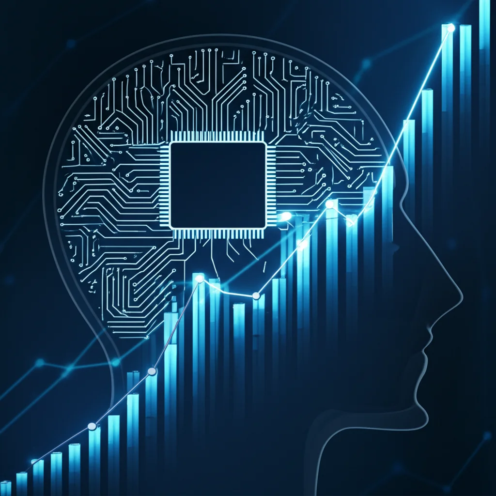 Un cervello umano stilizzato fatto di circuiti luminosi che si interfaccia con un grafico di dati finanziari in crescita, simboleggiando l'interazione uomo-IA e il futuro dell'XAI. Duotone blu e argento, obiettivo 50mm, effetto cinematografico.