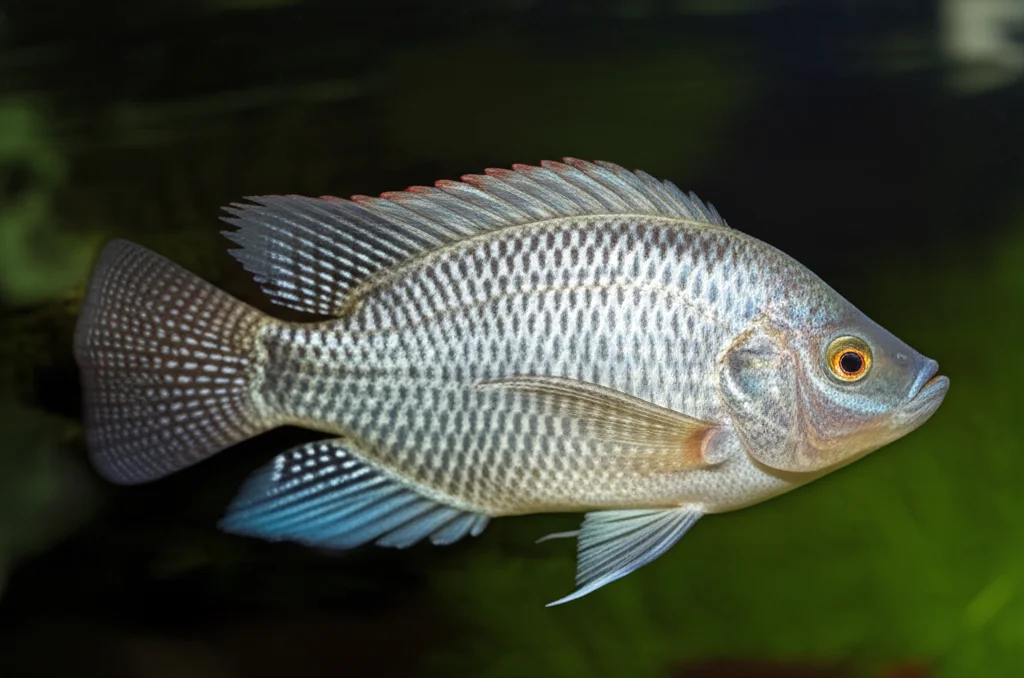 Fotografia macro di una Tilapia del Nilo (Oreochromis niloticus) che nuota in un acquario da laboratorio, messa a fuoco precisa sui dettagli delle squame argentate, illuminazione controllata laterale per evidenziare la texture, obiettivo macro 100mm, simbolo della ricerca sugli ecosistemi acquatici e bioindicatori.