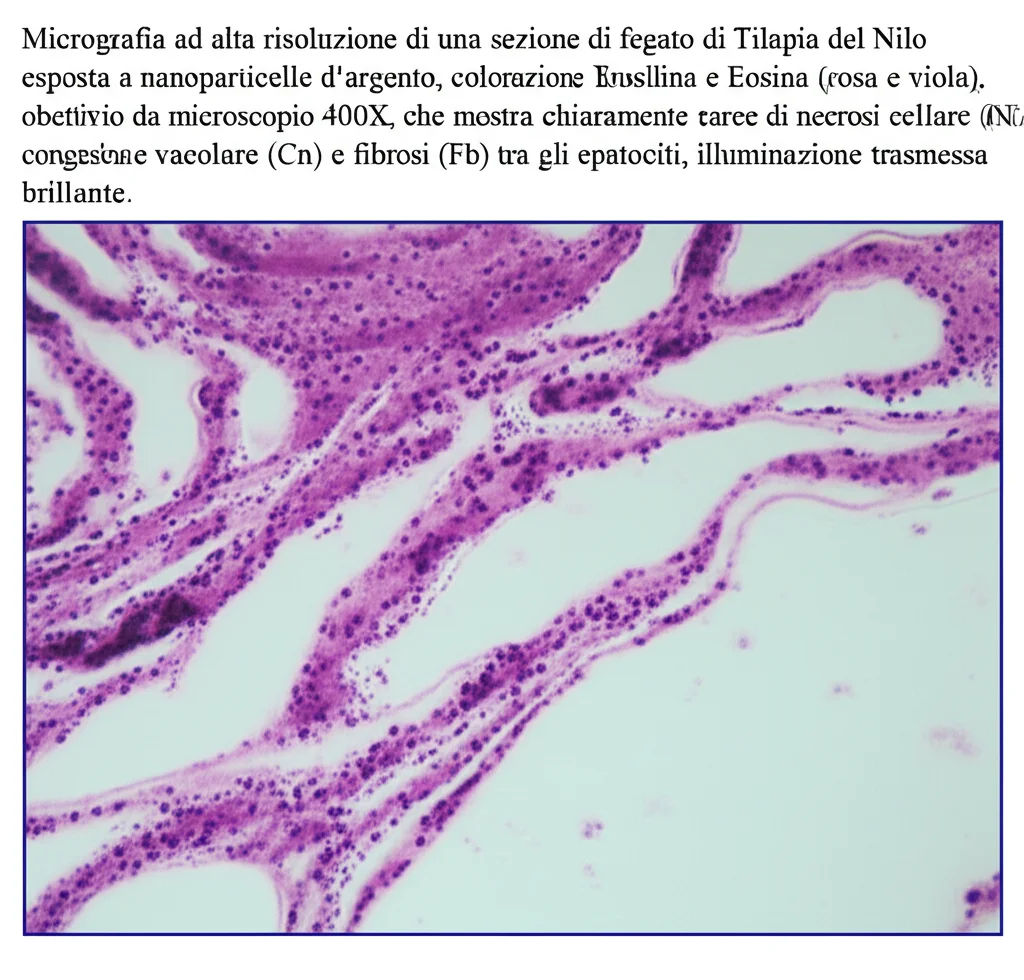 Micrografia ad alta risoluzione di una sezione di fegato di Tilapia del Nilo esposta a nanoparticelle d'argento, colorazione Ematossilina e Eosina (rosa e viola), obiettivo da microscopio 400X, che mostra chiaramente aree di necrosi cellulare (N), congestione vascolare (Cn) e fibrosi (Fb) tra gli epatociti, illuminazione trasmessa brillante.