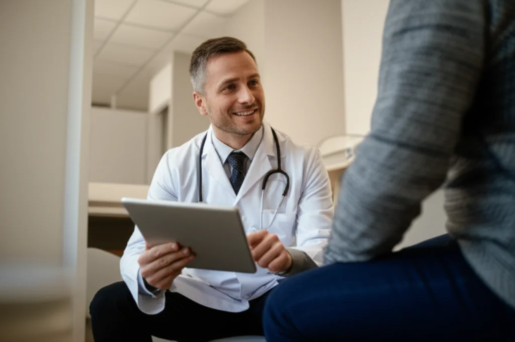 Fotografia realistica di un medico sorridente che spiega qualcosa a un paziente seduto sul letto d'ospedale, usando un tablet. L'ambiente è luminoso e moderno. Obiettivo prime 35mm, profondità di campo per mettere a fuoco l'interazione, toni caldi.
