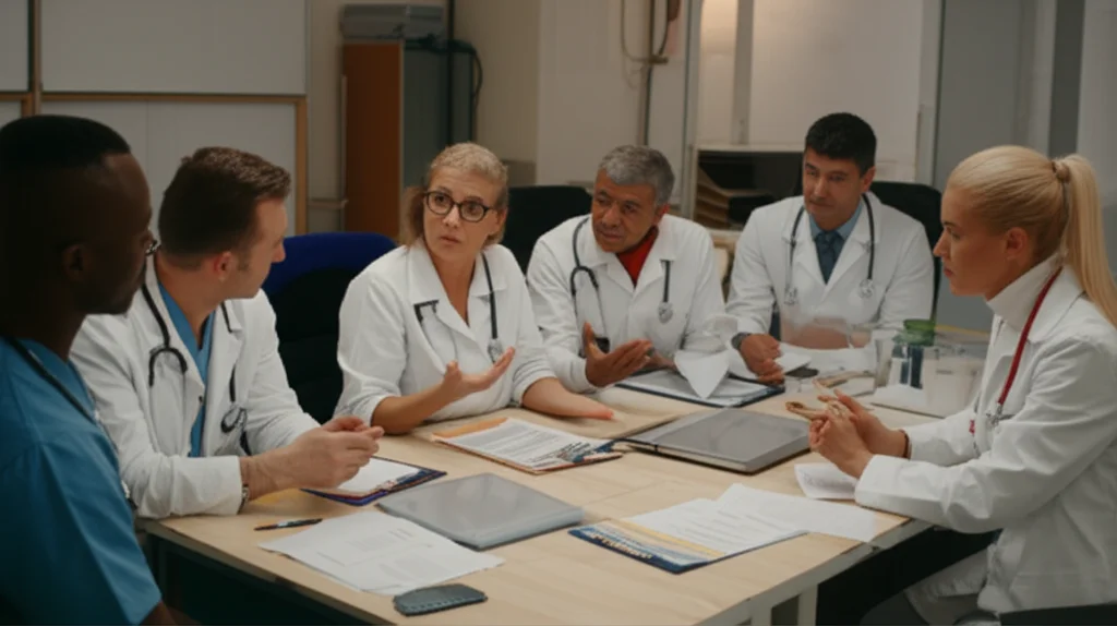 Scatto realistico dall'alto di un gruppo eterogeneo di medici e infermieri riuniti attorno a un tavolo in una sala riunioni d'ospedale, intenti a discutere animatamente su alcune cartelle cliniche. Obiettivo zoom 24-70mm, luce artificiale da ufficio, focus sul lavoro di squadra.