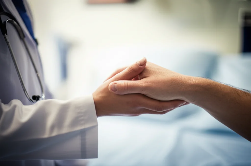 Immagine fotorealistica di una mano di un paziente che stringe delicatamente la mano di un operatore sanitario in camice bianco, in un ambiente ospedaliero caldo e accogliente. Obiettivo macro 85mm, focus sulle mani unite, simbolo di fiducia e cura, luce soffusa.