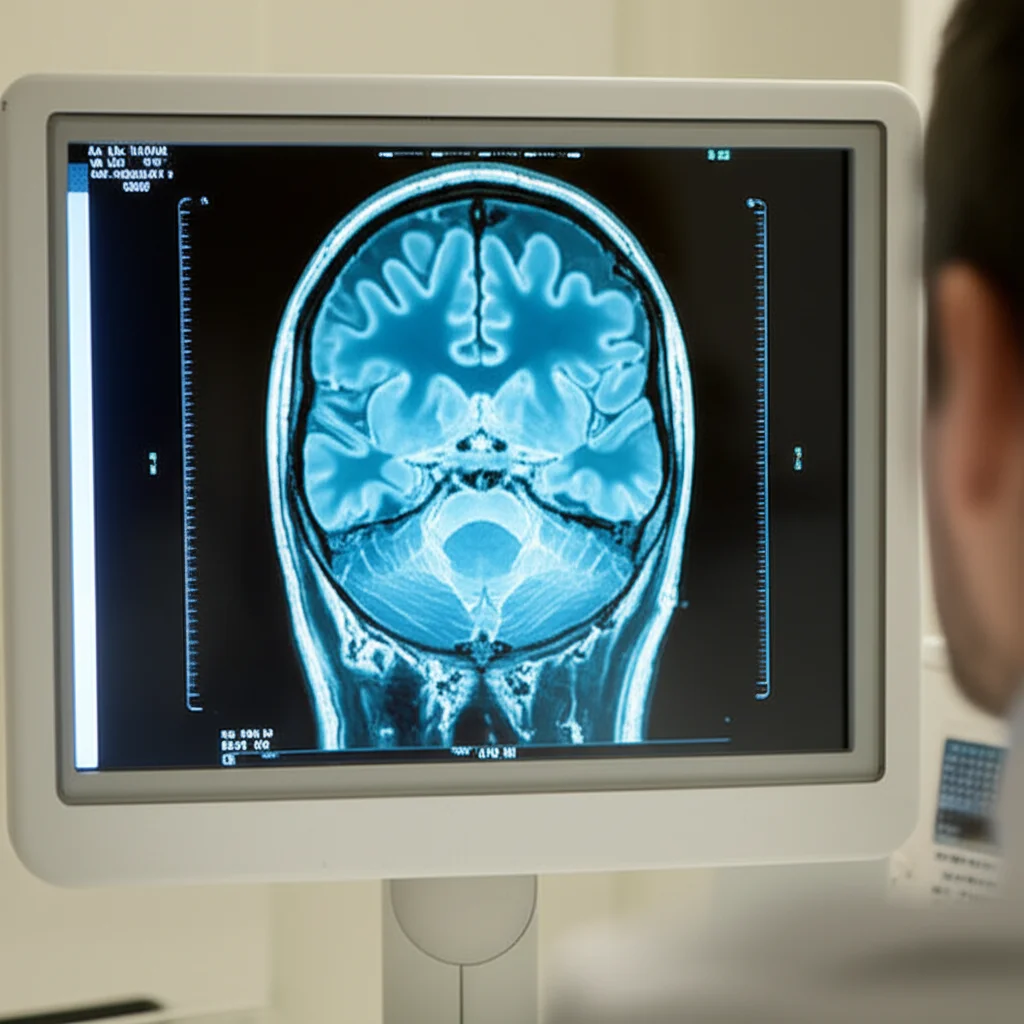Immagine fotorealistica di una scansione MRI cerebrale visualizzata su uno schermo medico luminoso in una stanza leggermente oscurata. Focus nitido sulla scansione che appare normale, senza lesioni evidenti. Obiettivo prime, 35mm, profondità di campo che sfoca leggermente lo sfondo. Illuminazione controllata.