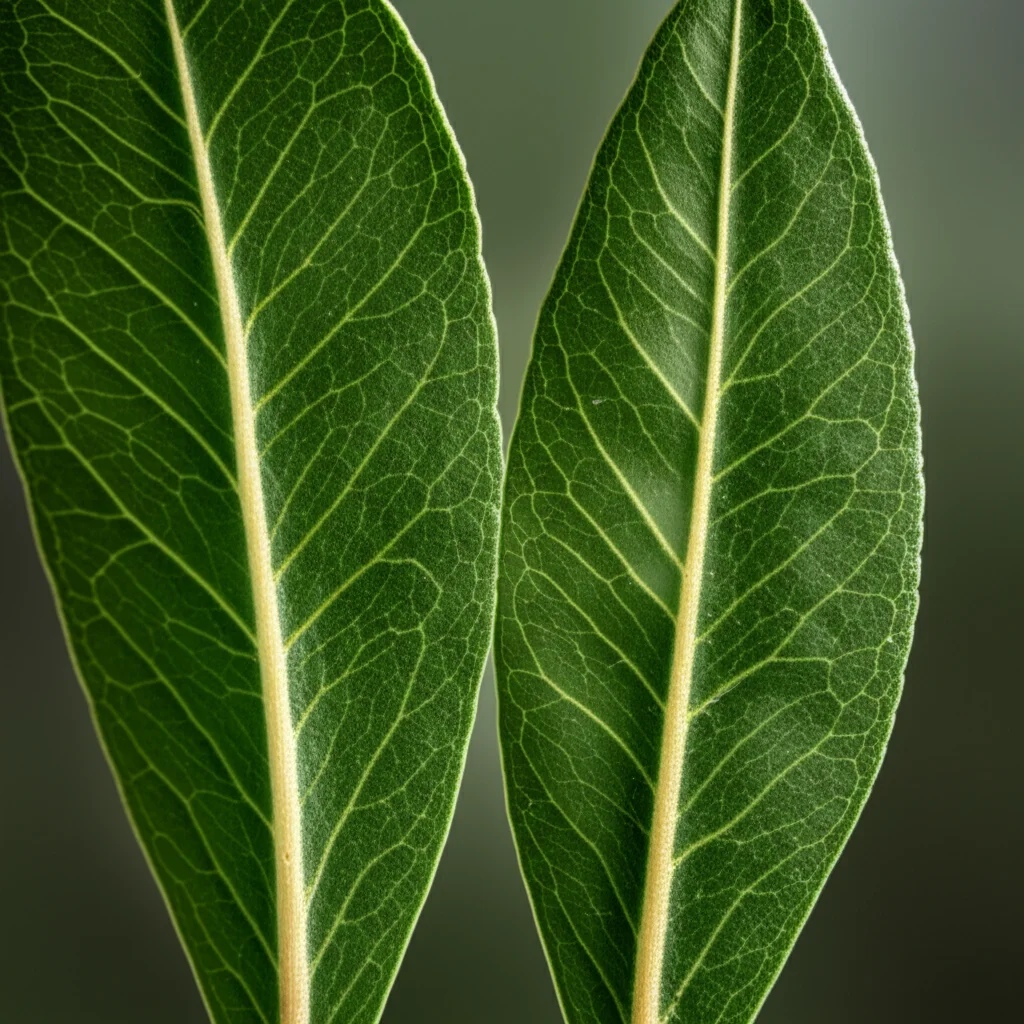 Fotografia macro ad alta definizione di foglie di Salice (*Salix*) e Pioppo (*Populus*) affiancate, obiettivo macro 100mm, illuminazione controllata per esaltare le diverse texture e venature, messa a fuoco precisa sui dettagli.