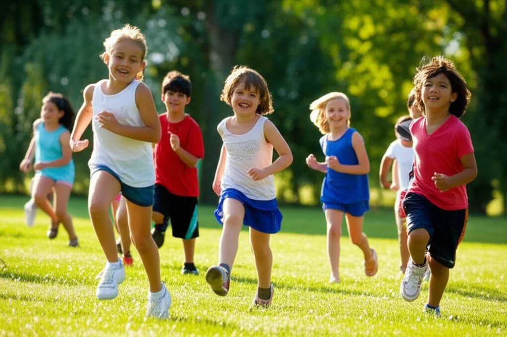 Un gruppo eterogeneo di bambini tra i 6 e i 9 anni che partecipano con gioia a una corsa campestre in un parco durante una giornata di sole. Scatto d'azione con teleobiettivo zoom 100mm, velocità dell'otturatore elevata per congelare il movimento, tracciamento del movimento attivo, luce naturale brillante, focus sull'espressione felice e sullo sforzo fisico dei bambini.
